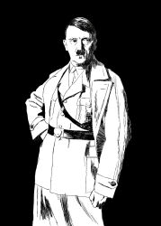  1boy adolf_hitler belt commentary_request facial_hair greyscale highres jacket kani_ka_nanika male_focus military_jacket military_uniform monochrome mustache real_life short_hair solo very_short_hair 
