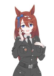  1girl absurdres animal_ears black_cat03 black_jacket black_necktie blue_eyes blue_ribbon bow braid breasts brown_hair collar_tabs collared_shirt ear_ribbon highres horse_ears horse_girl jacket large_breasts looking_at_viewer military_dress_uniform military_uniform multicolored_hair nazi necktie ribbon shirt simple_background solo ss_uniform super_creek_(umamusume) swastika two-tone_hair umamusume waffen-ss white_background white_shirt 