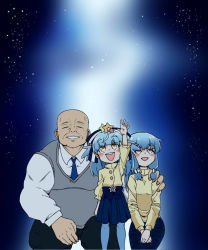  10s 1boy 2girls aged_down bald blue_hair bow closed_eyes family father_and_daughter go_takeo hachiman_(douno) hair_bow hair_ornament hand_on_another&#039;s_shoulder highres hoshikawa_lily husband_and_wife long_hair looking_up low-tied_long_hair mother_and_daughter multiple_girls pantyhose parent_and_child reaching reaching_towards_viewer skirt star_(symbol) star_hair_ornament yellow_eyes zombie_land_saga 