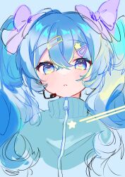  1girl absurdres aqua_jacket blue_eyes blue_hair bow commentary crossed_bangs hair_between_eyes hair_bow hair_ornament hairclip hatsune_miku heart heart-shaped_pupils highres jacket long_hair looking_at_viewer pink_bow pink_pupils sketch solo star_(symbol) star_hair_ornament symbol-shaped_pupils twintails upper_body vocaloid yukia_1128 zipper_pull_tab 