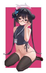  1girl absurdres adjusting_glasses bare_shoulders black_hair black_panties black_shoes black_thighhighs blue_archive braid braided_bun breasts butterfly_hair_ornament cropped_shirt double_bun glasses grey_halo hair_bun hair_ornament halo hand_up highres id_card kisaki_(blue_archive) loli long_hair looking_at_viewer manjie navel panties pantyhose parted_lips seiza shoes simple_background sitting small_breasts solo stomach thighhighs twintails underwear very_long_hair zettai_ryouiki 