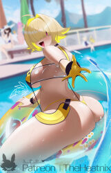  1girl 4girls ass blonde_hair blue_innertube blurry blush breasts day depth_of_field elegg_(boom_and_shock)_(nikke) elegg_(nikke) from_behind gloves goddess_of_victory:_nikke hair_intakes hair_over_eyes highres holding holding_swim_ring innertube large_breasts liter_(guardfish)_(nikke) liter_(nikke) long_bangs looking_at_viewer looking_back mary_(bay_goddess)_(nikke) mary_(nikke) multicolored_hair multiple_girls outdoors pool purple_eyes see-through_slingshot_swimsuit shiny_skin short_hair slingshot_swimsuit smile solo_focus swim_ring swimsuit theheatnix two-sided_gloves two-tone_hair volt_(nikke) water wet yellow_gloves yellow_innertube yellow_slingshot_swimsuit 
