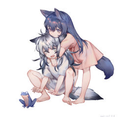  2girls aged_down ahoge ami_(34849422) animal animal_ears arknights arms_around_neck artist_name bare_legs barefoot black_hair child chinese_commentary dated frog grey_eyes grey_hair highres hug hug_from_behind lappland_(arknights) long_hair multiple_girls outstretched_arms pink_shirt scar scar_across_eye scar_on_face shirt simple_background tail texas_(arknights) white_background white_shirt wolf_ears wolf_tail yuri  rating:Sensitive score:34 user:danbooru