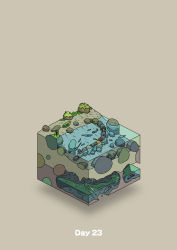 absurdres beach beige_background boulder commentary_request diorama fish gozz highres holding holding_stick isometric original partially_submerged plant skeleton standing stick rating:General score:0 user:danbooru