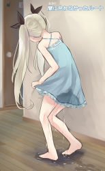 1girl bare_shoulders barefoot black_ribbon blonde_hair blue_dress clothes_grab door dress dress_grab female_focus from_behind full_body hair_ribbon heel_up highres indoors japanese_text long_hair original pee peeing peeing_self puddle ribbon sleeveless sleeveless_dress solo standing translation_request twintails watakarashi wet wet_clothes wooden_floor rating:Questionable score:72 user:AngryZapdos
