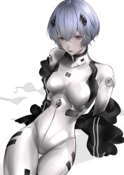  1girl absurdres ayanami_rei black_jacket blue_hair bodysuit bra breasts closed_mouth commentary cowboy_shot grey_background hair_between_eyes highres interface_headset_(evangelion) jacket jacket_partially_removed looking_at_viewer mano_aaa mecha_pilot_suit medium_breasts narrow_waist neon_genesis_evangelion panties plugsuit_(evangelion) red_eyes short_hair skin_tight solo underwear unworn_bra unworn_panties white_bodysuit 