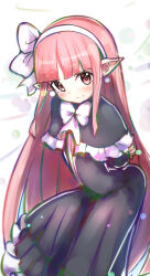  1girl black_capelet black_dress bow bowtie capelet demon_girl disgaea dress earrings frilled_capelet frills highres jewelry lolita_fashion long_hair looking_at_viewer mage_(disgaea) makai_senki_disgaea_2 my_kakukaku_r18 pink_eyes pink_hair pointy_ears ribbon smile white_background white_bow white_bowtie white_ribbon 