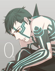  1boy black_shorts body_markings countdown curled_up demi-fiend full-body_tattoo glowing_tattoo green_hair grey_background horns male_focus shin_megami_tensei shin_megami_tensei_iii:_nocturne short_hair shorts single_horn solo tattoo topless_male watabashi_yf yellow_eyes 