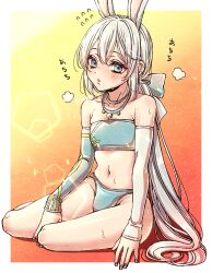  1boy androgynous animal_ears aqua_nails asymmetrical_sleeves bandeau bare_shoulders blue_bandeau blue_bow blue_eyes border bow collarbone commentary_request dragon_quest dragon_quest_x flying_sweatdrops gradient_background hair_bow hero_(dq10) jewelry kuro11_222 looking_to_the_side low_ponytail male_focus midriff mismatched_sleeves navel necklace orange_background ponytail puff_of_air rabbit_boy rabbit_ears sitting solo sweat thong trap white_border white_hair yellow_background 