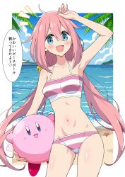  1girl absurdres bare_shoulders beach bikini blue_eyes blue_sky blush breasts cloud cloudy_sky collarbone crossover day eggman_(ni_tamagoex) fingernails heart highres kagamihara_nadeshiko kirby kirby_(series) long_hair looking_at_viewer multicolored_bikini navel nintendo notice_lines ocean open_mouth outdoors palm_tree pink_bikini pink_hair pink_nails salute sand sky smile speech_bubble starfish stomach striped_bikini striped_clothes swimsuit thighs translation_request tree two-tone_bikini white_background white_bikini yurucamp 