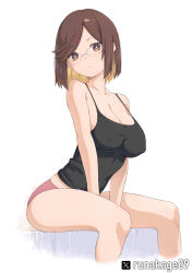  1girl black_shirt blush breasts brown_eyes brown_hair cleavage collarbone glasses hair_ornament hairclip koga_konoha large_breasts looking_at_viewer ninja_to_koroshiya_no_futarigurashi panties pink_panties runakage09 shirt short_hair simple_background sitting solo underwear white_background  rating:Questionable score:2 user:tanaab1234567890