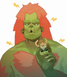 2boys :o blanka character_doll chest_hair colored_skin commentary contraomnes doll fingernails green_skin multiple_boys ono_yoshinori orange_hair pouty_lips role_reversal sharp_fingernails simple_background street_fighter white_eyes