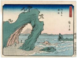  19th_century 2boys ando_hiroshige beach blue_sky facing_away fine_art_parody gradient_sky hat highres japan landscape mount_fuji mountain multiple_boys natural_arch nihonga ocean original outdoors parody rock_formation sand scenery shore sky straw_hat thirty-six_views_of_mount_fuji_(hiroshige) traditional_media translation_request tree ukiyo-e volcano water waves 