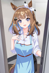  1girl absurdres almond_eye_(umamusume) animal_ears apron black_skirt blue_apron blue_eyes blue_hair braid breasts brown_hair collared_shirt colored_inner_hair cowboy_shot doorway hair_ornament hairband hand_on_own_chest highres horse_ears horse_girl horse_tail long_hair looking_at_viewer maxwelzy medium_breasts multicolored_hair open_mouth partially_unbuttoned pov_doorway shirt single_braid skirt sleeves_rolled_up solo symbol-shaped_pupils tail umamusume white_hairband white_shirt x-shaped_pupils 