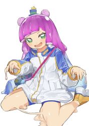  1girl :d animal_bag bag blue_hair blue_hat blue_jacket blue_shorts double_bun green_eyes green_ribbon hair_bun hat hat_ornament hat_ribbon highres jacket long_hair long_sleeves looking_at_viewer mini_hat mini_top_hat monster_girl multicolored_hair multicolored_jacket open_mouth pink_hair pocche-ex puniru_(puniru_wa_kawaii_slime) puniru_wa_kawaii_slime ribbon shoes shorts shoulder_bag simple_background sitting slime_(substance) slime_girl smile solo star_(symbol) star_hat_ornament swept_bangs top_hat two-tone_hair very_long_hair white_background white_jacket yellow_jacket yellow_shoes 