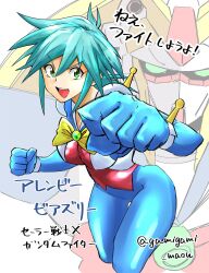  1girl allenby_beardsley blue_bodysuit blue_hair blush bodysuit breasts g_gundam gamigami_maou_(artist) green_eyes gundam highres looking_at_viewer mecha mecha_pilot_suit medium_breasts mobile_trace_suit multicolored_bodysuit nobel_gundam open_mouth red_bodysuit robot short_hair skin_tight smile twitter_username v-fin  rating:General score:4 user:danbooru