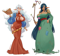  2girls absurdres animal_skull artist_name bird_skull blue_eyes blue_hair book borrowed_character bracelet branch breasts cleavage_cutout clothing_cutout commentary dress english_commentary feathers frog green_dress hair_between_eyes hair_over_one_eye hand_on_own_hip highres hip_vent holding holding_book holding_staff huge_breasts jewelry long_hair long_pointy_ears long_sleeves looking_at_viewer milkjam_(bombajead) mole mole_on_breast mole_under_eye multiple_girls one_eye_covered open_book original parted_lips patch pointy_ears puffy_sleeves red_dress red_eyes round_eyewear simple_background smile staff torn_clothes torn_dress twitter_username very_long_hair white_background white_hair wide_sleeves 