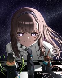  1other 3girls absurdres amiya_(arknights) animal_ears arknights bare_shoulders black_hair black_hairband black_jacket bright_pupils brown_hair chessboard closed_mouth commentary diamond-shaped_pupils diamond_(shape) doctor_(arknights) english_commentary giant giantess hairband highres hood hood_up hooded_jacket jacket medium_hair mon3tr_(arknights) moori_illus multiple_girls off_shoulder pink_hairband ponytail priestess_(arknights) purple_eyes sky smile space spoilers star_(sky) starry_sky symbol-shaped_pupils white_pupils 
