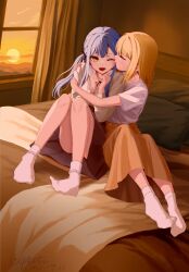  2girls absurdres bang_dream! bang_dream!_it&#039;s_mygo!!!!! black_skirt blonde_hair blue_hair ciphotis closed_eyes commentary dusk highres hug indoors kiss kissing_cheek long_hair long_sleeves medium_hair misumi_uika multiple_girls on_bed one_eye_closed open_mouth orange_skirt shirt short_sleeves skirt socks sunset togawa_sakiko two_side_up upskirt white_shirt white_socks yellow_eyes yuri 