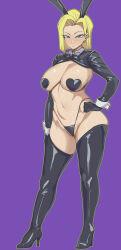  1girl android_18 anegawa_eiji animal_ears black_bow black_bowtie black_panties blonde_hair blue_eyes boots bow bowtie breasts cleavage closed_mouth collar dot_mouth dragon_ball dragonball_z earrings fake_animal_ears full_body hand_on_own_hip heart_pasties high_heels highres jewelry large_breasts latex latex_boots latex_shrug looking_at_viewer meme_attire panties pasties purple_background rabbit_ears reverse_bunnysuit reverse_outfit short_hair shrug_(clothing) simple_background solo stiletto_heels thigh_boots underwear white_collar white_wrist_cuffs wrist_cuffs 