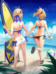 2girls ahoge anger_vein artoria_pendragon_(fate) artoria_pendragon_(swimsuit_archer)_(fate) artoria_pendragon_(swimsuit_archer)_(first_ascension)_(fate) ass back ball bare_shoulders beach beachball bikini blonde_hair braid broken butt_crack commentary day fate/grand_order fate_(series) flying_sweatdrops full_body hair_bun halterneck highres mordred_(fate) mordred_(fate/apocrypha) mordred_(swimsuit_rider)_(fate) mordred_(swimsuit_rider)_(first_ascension)_(fate) mother_and_daughter multiple_girls outdoors ponytail sandals side-tie_bikini_bottom single_hair_bun sky sleeveless standing string_bikini surfboard swimsuit tonee water rating:Sensitive score:72 user:danbooru