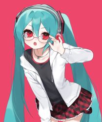 1girl :o adjusting_eyewear belt black_belt black_shirt black_skirt blue_hair cowboy_shot flat_chest hatsune_miku hatsune_miku_(natural) headphones highres jacket jewelry leaning_forward long_hair long_sleeves looking_at_viewer miniskirt necklace open_clothes open_jacket plaid_clothes plaid_skirt pleated_skirt project_diva_(series) red_background red_belt red_skirt relen shirt single_off_shoulder skirt solo very_long_hair vocaloid white_jacket 