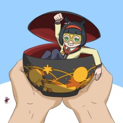  1other 2girls animal_ears black_hair blue_background bowl commentary_request glasses green_eyes grin hairband highres holding holding_bowl horse_ears horse_girl japanese_clothes kimono malivien mini_person minigirl minnie_the_lady_(umamusume) multiple_girls pov pov_hands purple_hair red_hairband red_kimono shirt smile sukuna_shinmyoumaru touhou two-tone_background umamusume white_background yellow-framed_eyewear yellow_shirt 