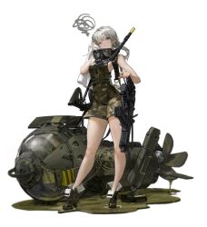  1girl absurdres bare_legs boots breasts camouflage choehye16159872 drying full_body goggles goggles_around_neck grenade_launcher grey_hair gun gun_sling high_heels highres holding holding_towel kalashnikov_rifle long_hair looking_at_viewer machine_gun medium_breasts official_alternate_costume one_eye_closed original overalls rail_(weapon) shorts sideboob sig_mpx sig_sauer simple_background solo squiggle standing submachine_gun towel transparent_background twintails weapon wiping_face wiping_sweat yellow_eyes 