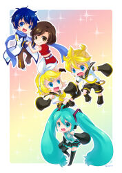  2boys 3girls :d belt black_boots black_skirt black_sleeves blonde_hair blue_eyes blue_hair blue_scarf blush boots brown_eyes brown_hair brown_pants chibi chibi_only coat commentary_request crodire detached_sleeves fang full_body grey_shirt hair_ornament hairclip hatsune_miku kagamine_len kagamine_rin kaito_(vocaloid) long_hair looking_at_viewer meiko_(vocaloid) miniskirt multiple_boys multiple_girls neckerchief necktie open_mouth pants pleated_skirt rainbow rainbow_background red_shirt red_skirt scarf shirt short_hair skirt sleeveless sleeveless_shirt smile thigh_boots vocaloid white_belt white_coat white_shirt yellow_neckerchief yellow_necktie 