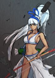 1girl archery bikini blue_eyes breasts cleavage dark-skinned_female dark_skin feet gloves hair_ribbon half-closed_eyes highres large_breasts legs looking_at_viewer majikina_mina navel ribbon samurai_spirits sarong sideboob snk swimsuit thighs toned white_hair