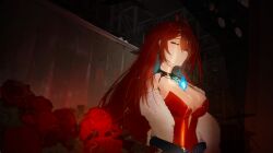  1girl absurdres ahoge black_gloves blue_fire blue_hair breasts cleavage closed_eyes closed_mouth colored_inner_hair commentary dress earrings elizabeth_rose_bloodflame feather_boa fire flower gloves highres hololive hololive_english huge_ahoge jewelry large_breasts long_hair multicolored_hair nereb_72 parted_bangs red_dress red_flower red_hair red_rose rose solo two-tone_hair upper_body very_long_hair virtual_youtuber 