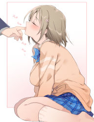 1girl arm_support bad_id bad_pixiv_id beige_jacket between_legs blue_bow blue_neckwear blue_skirt blush bow breasts brown_hair closed_eyes collared_shirt drooling feet_out_of_frame finger_sucking flower hair_flower hair_ornament hand_between_legs highres idolmaster idolmaster_cinderella_girls jacket large_breasts leaning_forward long_sleeves medium_hair mimura_kanako nonoyama oversized_clothes school_uniform shirt sidelocks simple_background sitting skirt socks solo_focus sound_effects tongue wariza white_background rating:Questionable score:114 user:Parcheliam