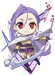  1girl armor boots braid breastplate bunbun cape fingerless_gloves full_body gloves hair_ornament half_up_braid highres holding holding_weapon long_hair looking_at_viewer mito_(sao) ponytail purple_hair red_eyes scythe sickle sword_art_online sword_art_online_progressive thigh_boots weapon white_cape x_hair_ornament 