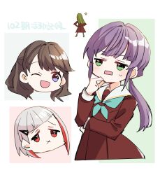  4girls colored_inner_hair commentary dress fujishima_megumi green_eyes grey_hair hair_intakes hands_on_own_hips hasu_no_daisankaku hasu_no_sora_school_uniform highres jitome kanduki_kamibukuro link!_like!_love_live! long_sleeves love_live! low_ponytail multicolored_hair multiple_girls ogami_sachi otomune_kozue ponytail purple_eyes purple_hair raised_inner_eyebrows red_eyes red_hair sailor_collar sailor_dress school_uniform streaked_hair sweatdrop translation_request virtual_youtuber white_sailor_collar winter_uniform x_mouth yugiri_tsuzuri 