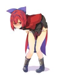 1girl bad_id bad_pixiv_id bent_over blush bow cape female_focus hair_bow hasebe_yuusaku panties panty_pull red_eyes red_hair sekibanki shirt skirt solo suggestive_fluid touhou underwear undressing wavy_mouth white_panties rating:Questionable score:91 user:danbooru