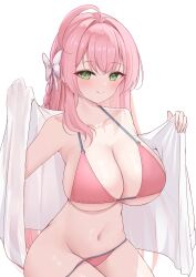  1girl ahoge balut_(7676i) bare_arms bare_shoulders bikini blue_archive blush bow breasts cleavage closed_mouth cowboy_shot green_eyes hair_bow hanako_(blue_archive) hanako_(swimsuit)_(blue_archive) highres licking_lips long_hair looking_at_viewer navel official_alternate_costume open_clothes pink_bikini simple_background smile solo string_bikini swimsuit tongue tongue_out untied_bikini very_long_hair white_background 