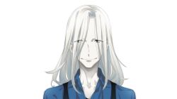  1boy black_eyes black_overalls blue_shirt brown_hair exoskeleton eyes_visible_through_hair fukuda_tomonori game_cg highres kimijima_kou long_hair non-web_source official_art open_collar overalls pale_skin robotics;notes science_adventure senomiya_misaki shirt transparent_background 