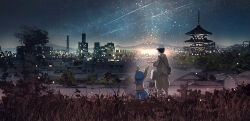  1boy 1girl absurdres advarcher architecture arms_up bag black_hair black_visor blue_hat blue_pants boots brother_and_sister brown_jacket brown_pants building commentary_request constellation east_asian_architecture from_behind grass hat highres hotaru_no_haka jacket lace-up_boots monpe night outdoors pagoda pants polo_shirt sailor_hat scenery seita_(hotaru_no_haka) setsuko_(hotaru_no_haka) siblings sky tower tree white_hat wide_shot 