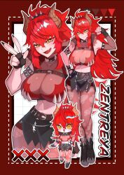  1girl black_gloves black_nails black_skirt breasts chibi cleavage dragon_girl dragon_horns fingerless_gloves gloves highres horns indie_virtual_youtuber large_breasts long_hair looking_at_viewer nail_polish pantyhose red_hair red_tube_top sidelocks skirt smile solo strapless timu4274 torn_clothes torn_pantyhose tube_top virtual_youtuber yellow_eyes zentreya zentreya_(dragon) zentreya_(dragon)_(1st_costume) 