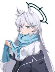  1girl animal_ear_fluff animal_ears black_halo blue_archive blue_eyes blue_scarf breath cross cross_hair_ornament dark_halo extra_ears grey_hair hair_ornament halo inverted_cross jacket light_blush long_hair long_sleeves mismatched_pupils necktie parted_lips scarf seulpeunna shiroko_(blue_archive) shiroko_terror_(blue_archive) shirt simple_background solo upper_body white_background white_shirt wolf_ears wolf_girl 