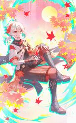  1boy absurdres antenna_hair aqinorz black_gloves closed_mouth fingerless_gloves genshin_impact gloves hair_between_eyes highres holding holding_leaf japanese_clothes kaedehara_kazuha leaf maple_leaf multicolored_hair ponytail smile solo streaked_hair white_hair 