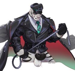  1boy animal_ears artist_name bara black_coat black_hat black_shirt coat commentary commissioner_insert cosplay dislyte english_commentary erection furry furry_male green_necktie hat highres holding holding_whip jin_qiu_(ru_shou)_(dislyte) jin_qiu_(ru_shou)_(dislyte)_(cosplay) looking_at_viewer male_focus muscular muscular_male necktie no_pants original patreon_username penis scar scar_on_face scar_on_nose shirt sinibunnn smile smirk sunglasses testicles tiger tiger_boy tiger_ears tiger_stripes white_background white_fur white_tiger 
