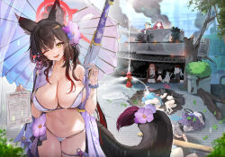  6+girls absurdres animal_ears arisaka aru_(blue_archive) bikini black_hair blue_archive blue_halo bolt_action breasts flower fox_ears fox_girl fox_tail gun halo haruka_(blue_archive) highres holding holding_gun holding_paper holding_weapon hoshino_(blue_archive) ibuki_(blue_archive) iroha_(blue_archive) kayoko_(blue_archive) large_breasts long_hair looking_at_viewer lying meme military_vehicle motor_vehicle movik multiple_girls mutsuki_(blue_archive) official_alternate_costume oil-paper_umbrella one_eye_closed open_mouth paper pink_halo red_hair red_halo rifle serika_(blue_archive) shiroko_(blue_archive) sitting smile swimsuit tail tail_flower tail_ornament tank tree umbrella wakamo_(blue_archive) wakamo_(swimsuit)_(blue_archive) weapon white_bikini yamcha_pose_(meme) yellow_eyes yuuka_(blue_archive) 