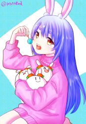  &gt;_&lt; 1girl :d animal_ear_fluff animal_ears arm_up barefoot blue_background candy closed_eyes closed_mouth commentary_request drooling food hair_down highres holding holding_candy holding_food holding_lollipop hololive hug kiritoma lollipop long_hair long_sleeves mouth_drool open_mouth pekomon_(usada_pekora) pink_sweater puffy_long_sleeves puffy_sleeves purple_hair rabbit_ears red_eyes seiza short_eyebrows sitting smile sweater teeth thick_eyebrows tongue tongue_out turtleneck turtleneck_sweater twitter_username two-tone_background upper_body upper_teeth_only usada_pekora very_long_hair virtual_youtuber white_background xd |_|  rating:General score:0 user:danbooru