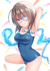  &gt;:) 1girl absurdres armpits asaba_touka bare_shoulders blue_fire blue_one-piece_swimsuit blunt_ends blush breasts brown_hair c: closed_mouth commentary_request competition_school_swimsuit covered_navel cowlick diamond-shaped_pupils diamond_(shape) doyagao eyepatch fire foot_out_of_frame goggles hair_between_eyes heaven_burns_red highres hiiragi_kozue impossible_clothes looking_at_viewer medical_eyepatch medium_breasts medium_hair name_tag old_school_swimsuit one-piece_swimsuit one_eye_covered presenting_armpit purple_eyes school_swimsuit simple_background sitting smile smug solo swim_goggles swimsuit symbol-shaped_pupils thighs v-shaped_eyebrows wariza white_background 