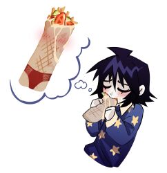  1boy absurdres blue_hair blue_sweater blush closed_eyes doner_kebab eating erhhho food french_fries highres holding holding_food lace lace_panties lingerie mayonnaise original panties pickle raised_inner_eyebrows red_panties russian_commentary sauce shirt simple_background solo speech_bubble star_(symbol) sweater thought_bubble tomato tomato_slice underwear vlad_(erhhho) white_background white_shirt 