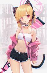 1girl animal_ear_headphones animal_ears axent_wear bare_shoulders black_choker black_shorts blacked_(phrase) blonde_hair blue_archive bow camisole cat_ear_headphones cat_tail choker collarbone cowboy_shot crop_top cutoffs danraz0r fake_animal_ears grin hair_bow halo headphones highres jacket loli long_sleeves looking_at_viewer midriff momoi_(blue_archive) navel off_shoulder open_clothes open_jacket pink_jacket red_eyes shirt short_hair short_shorts shorts sleeveless sleeveless_shirt smile solo standing stomach tail thighs v-shaped_eyebrows weapon weapon_on_back white_shirt rating:Sensitive score:85 user:danbooru