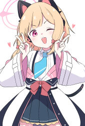  1girl ;d animal_ear_headphones animal_ears aqua_necktie black_coat black_skirt black_tail blonde_hair blue_archive blush bow buttons cat_ear_headphones cat_ears cat_tail coat collared_shirt commentary_request cowboy_shot double_v dress_shirt fake_animal_ears fake_tail frilled_skirt frills hair_bow halo hands_up hayoo_ww head_tilt headphones heart highres long_sleeves low-tied_sidelocks momoi_(blue_archive) multicolored_coat necktie off_shoulder one_eye_closed open_mouth parted_bangs pink_coat pink_eyes pink_halo pleated_skirt red_bow school_uniform shirt shirt_tucked_in short_hair sidelocks simple_background skirt smile solo suspender_skirt suspenders tail teeth unbuttoned upper_teeth_only v v-shaped_eyebrows white_background white_coat white_shirt wide_sleeves 