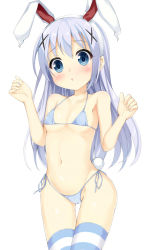 1girl :o animal_ears bikini blue_bikini blue_eyes blue_hair blush breasts female_focus gochuumon_wa_usagi_desu_ka? hair_ornament kafuu_chino long_hair maccha matching_hair/eyes rabbit_ears rabbit_tail side-tie_bikini_bottom simple_background small_breasts solo striped_clothes striped_thighhighs swimsuit tail thigh_gap thighhighs white_background x_hair_ornament rating:Sensitive score:65 user:danbooru