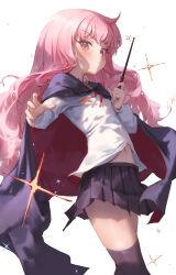  1girl bingwei_huang black_cape black_skirt black_thighhighs cape child collared_shirt highres holding holding_wand long_hair long_sleeves looking_at_viewer louise_francoise_le_blanc_de_la_valliere midriff_peek miniskirt pink_eyes pink_hair pleated_skirt shirt simple_background skirt solo sparkle thighhighs wand white_background white_shirt zero_no_tsukaima 